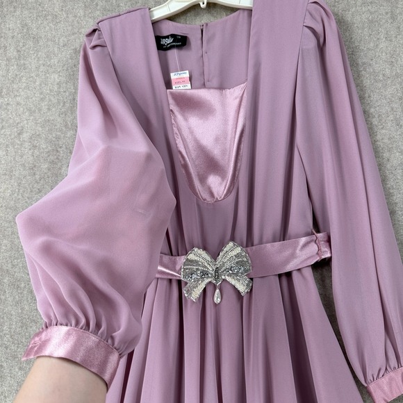 NEW VTG Ursula A Line Midi Dress Chiffon Mauve Pink 7/8 Long Sleeve Beaded Belt - Picture 5 of 14